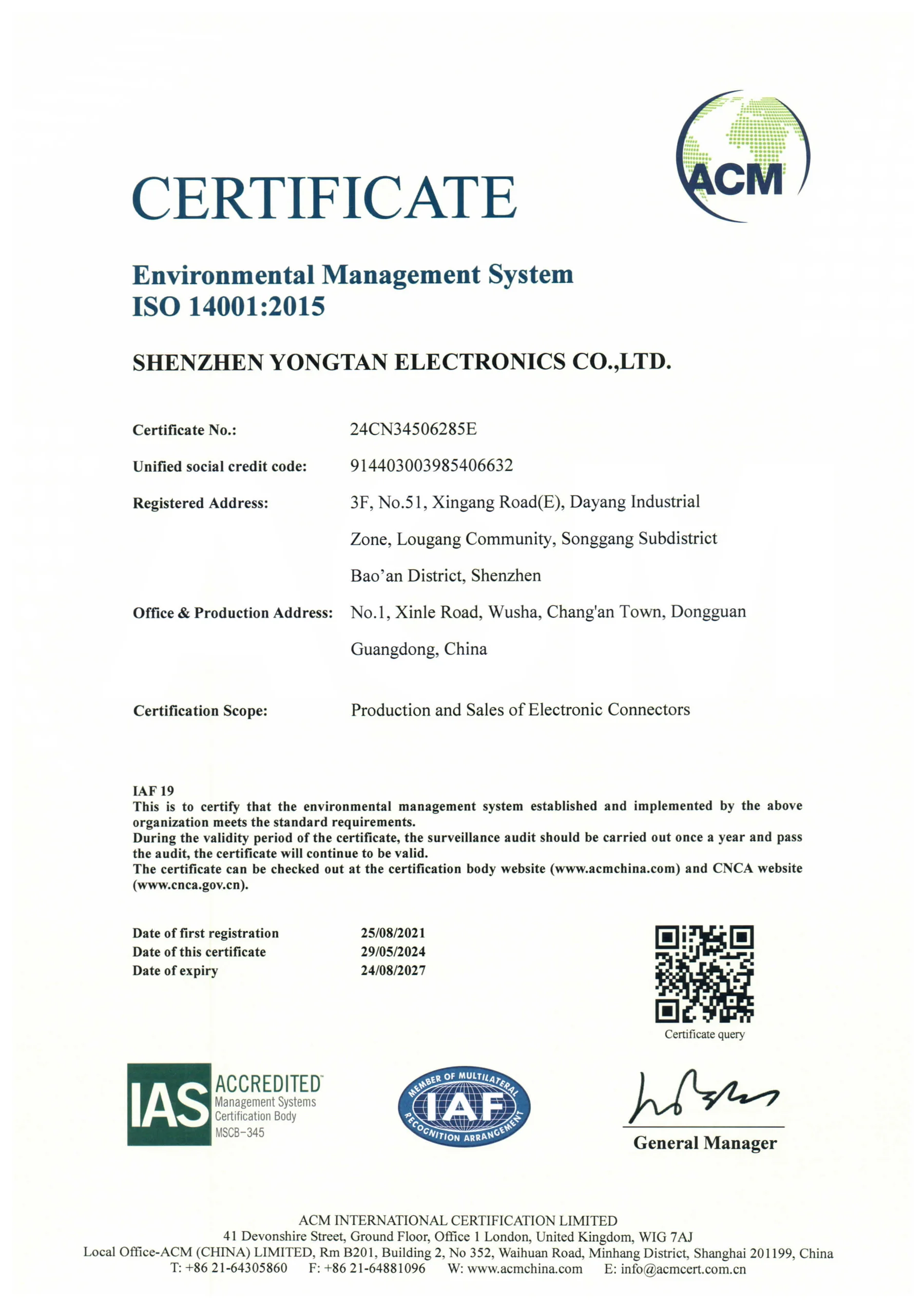 CTP ISO 14001:2015 environmental management system certificate in English