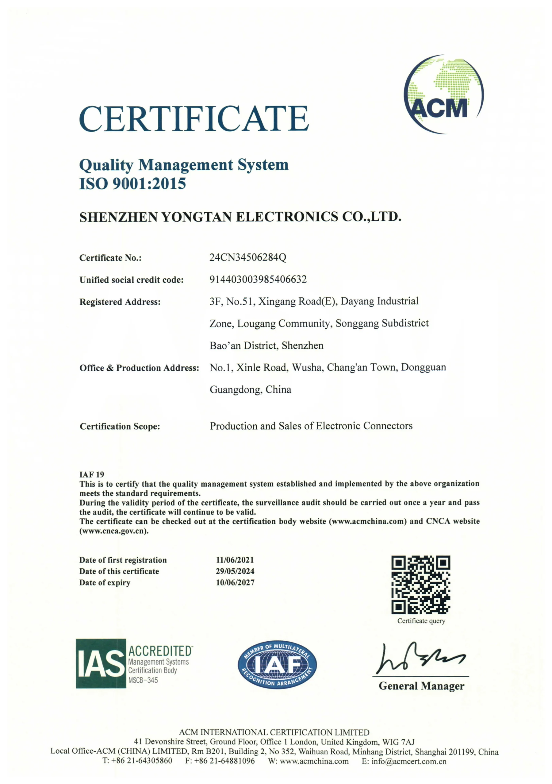 CTP ISO 9001:2015 quality management system certificate in English