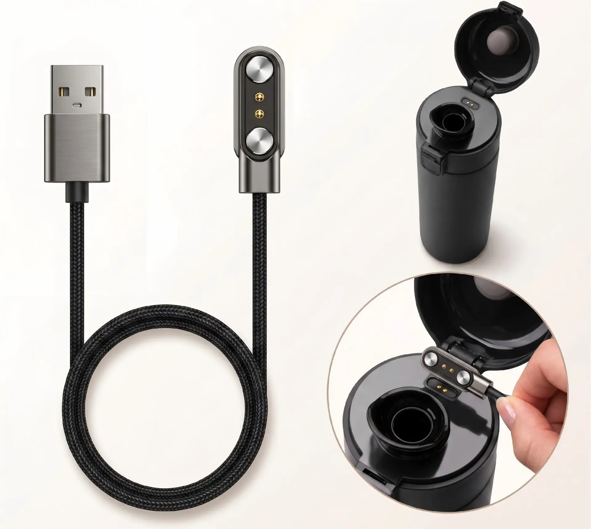 Close-up of N52 magnetic pogo pin connector for premium smart drinkware by CTP