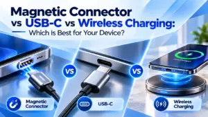 Magnetic pogo pin connector, USB-C cable and wireless charging pad comparison