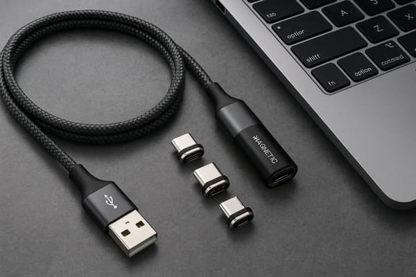Stylish magnetic USB cable next to a laptop