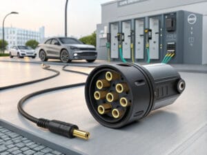 Close-up of an electric vehicle charging connector on a table, featuring magnetic pogo pin applications. Charging stations and two electric cars in the background underscore modern EV infrastructure, with the focus on the connectors intricate design and multiple ports.