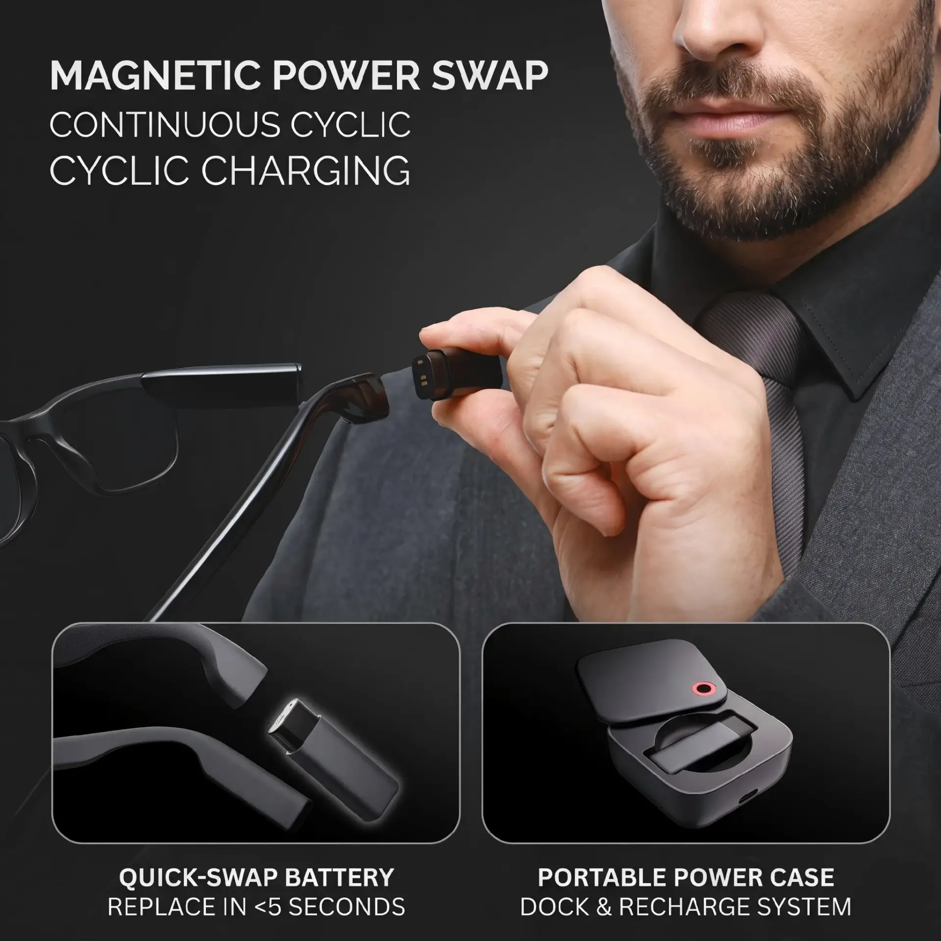 Ultra-compact AR smart glasses hovering over a custom 4-pin magnetic pogo pin charger with a blue LED indicator.