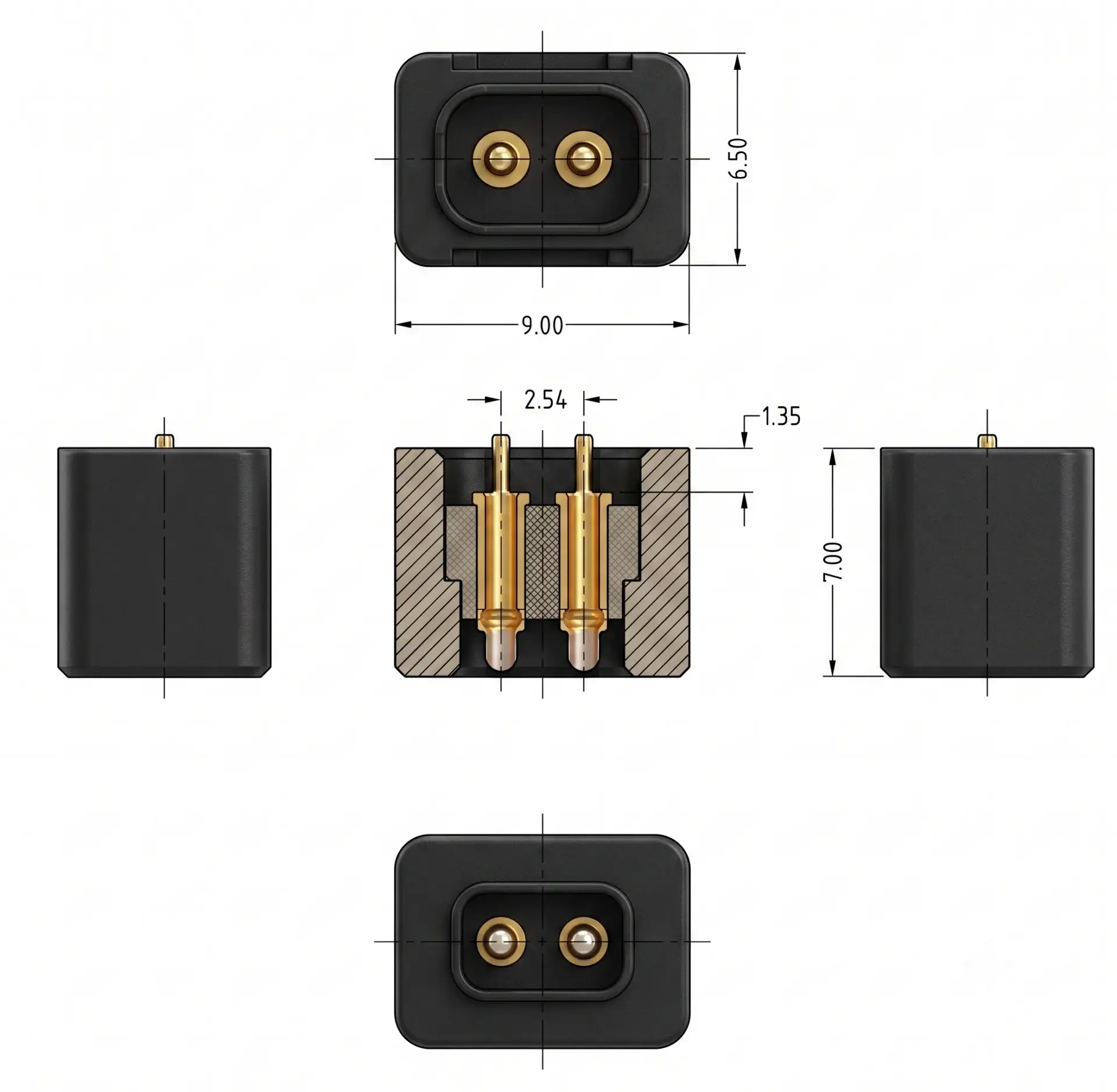 CTP 2-Pin Magnetic Connector Male Plug Specifications CTP 2-Pin Magnetic DC Power Connector Male Plug Dimension Drawing