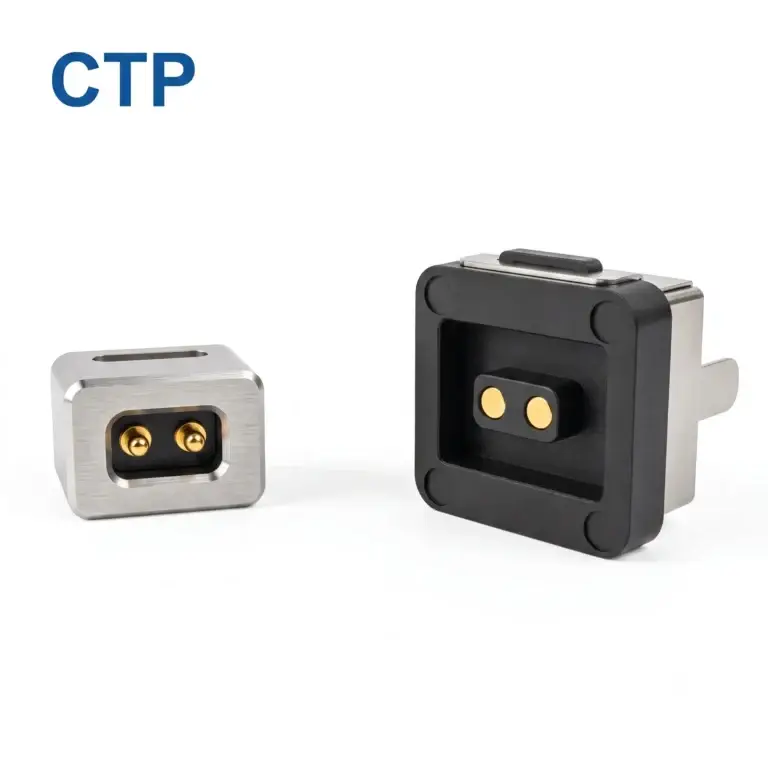 CTP high-current 2-pin magnetic DC power connector rated at 12V 5A, designed for smart LED lighting and outdoor camera applications.