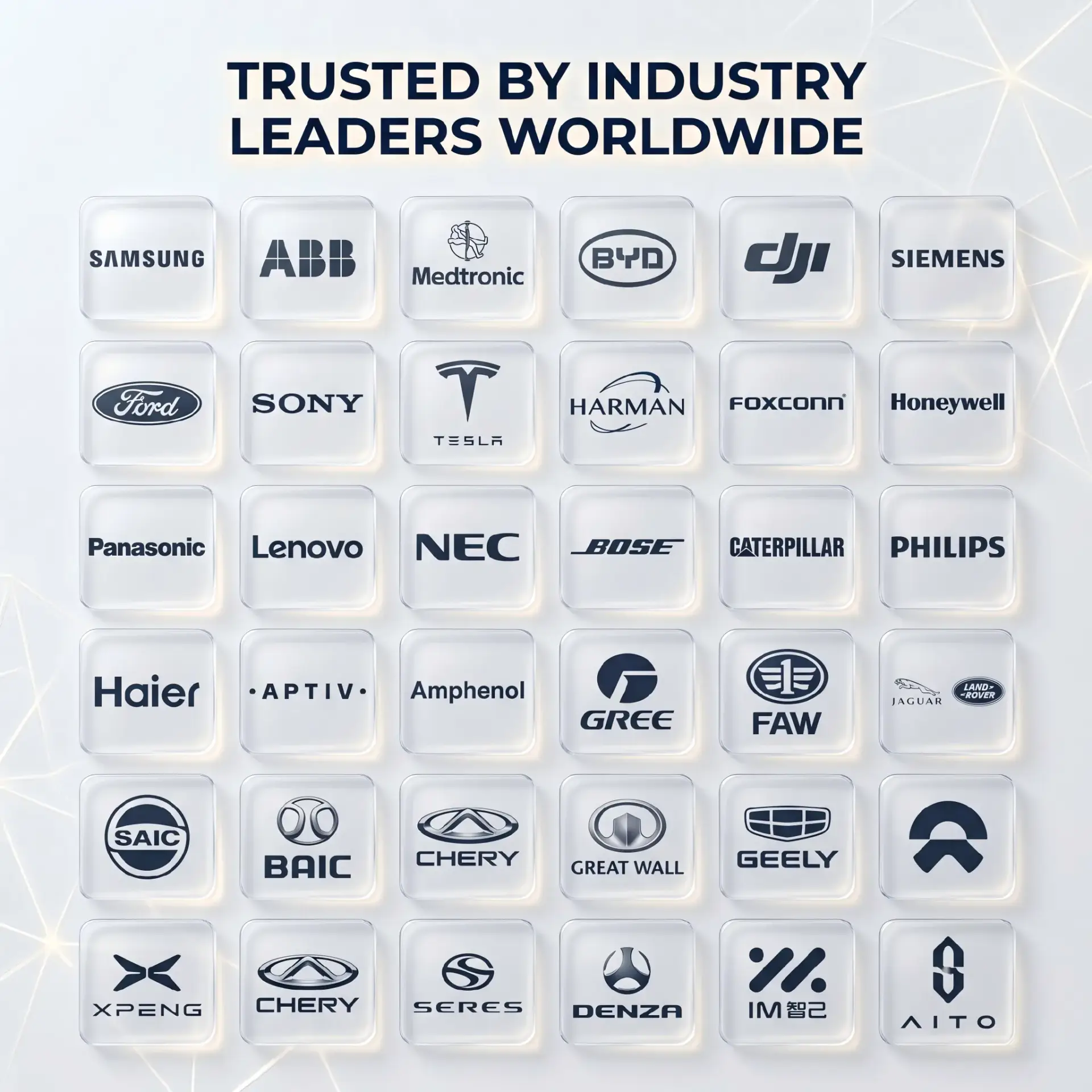 Trusted by global industry leaders including Tesla, Huawei, ABB, BYD, Samsung, and Medtronic - CTP custom magnetic pogo pin connector partners.