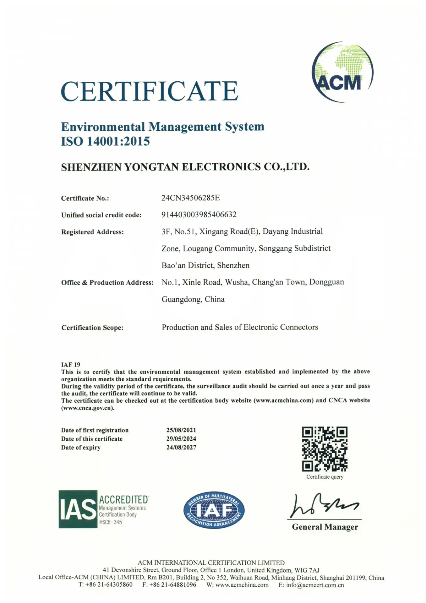 CTP ISO 14001:2015 environmental management certificate for Shenzhen Yongtan Electronics
