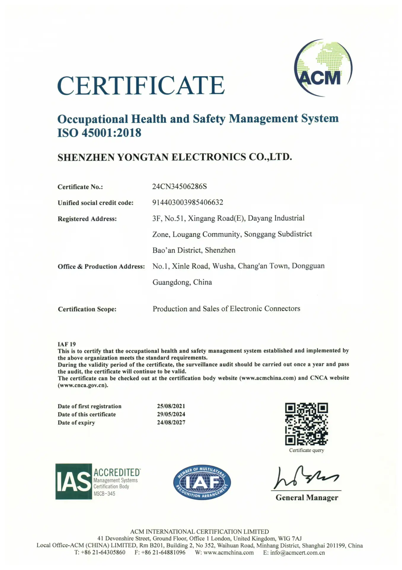 CTP ISO 45001:2018 occupational health and safety management certificate
