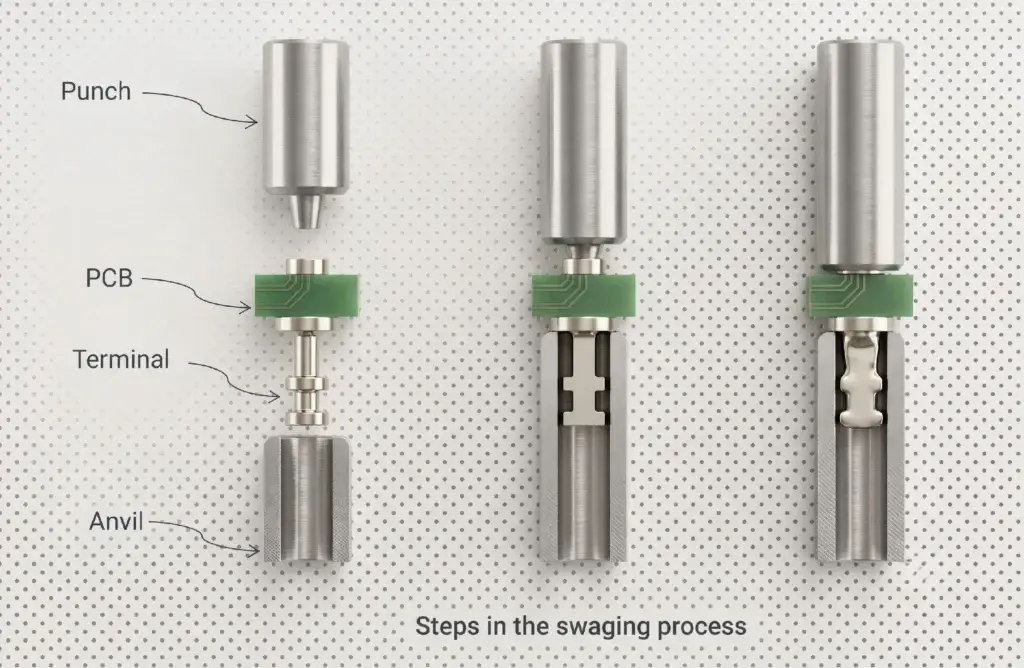 Step-by-step mechanical swaging process using punch tool and anvil - CTP Connectors