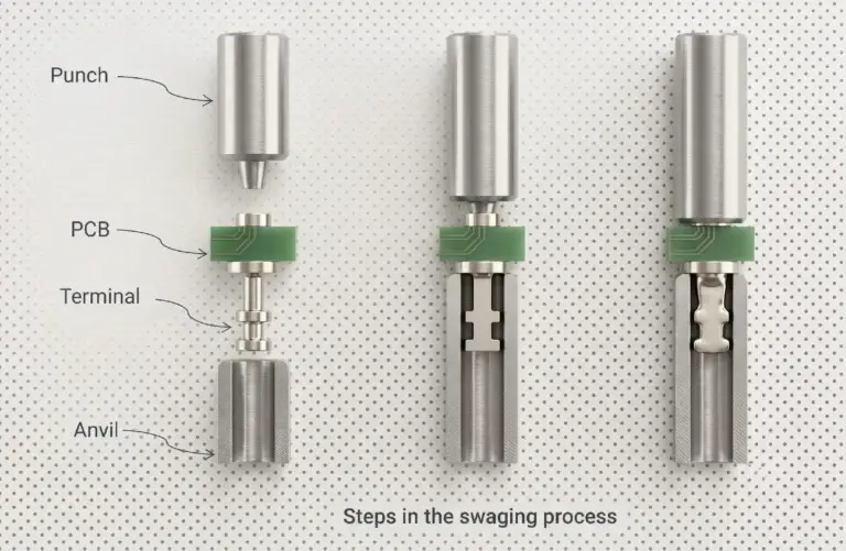 Step-by-step mechanical swaging process using punch tool and anvil - CTP Connectors