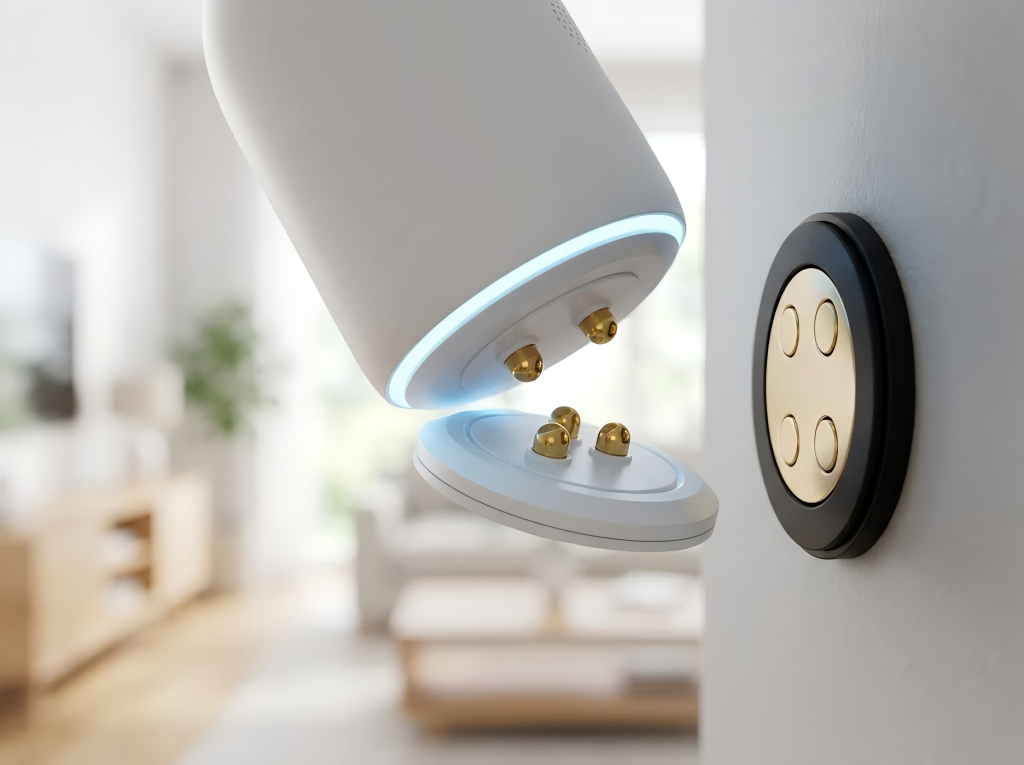 Sleek magnetic pogo pin charging connectors for smart home IoT devices