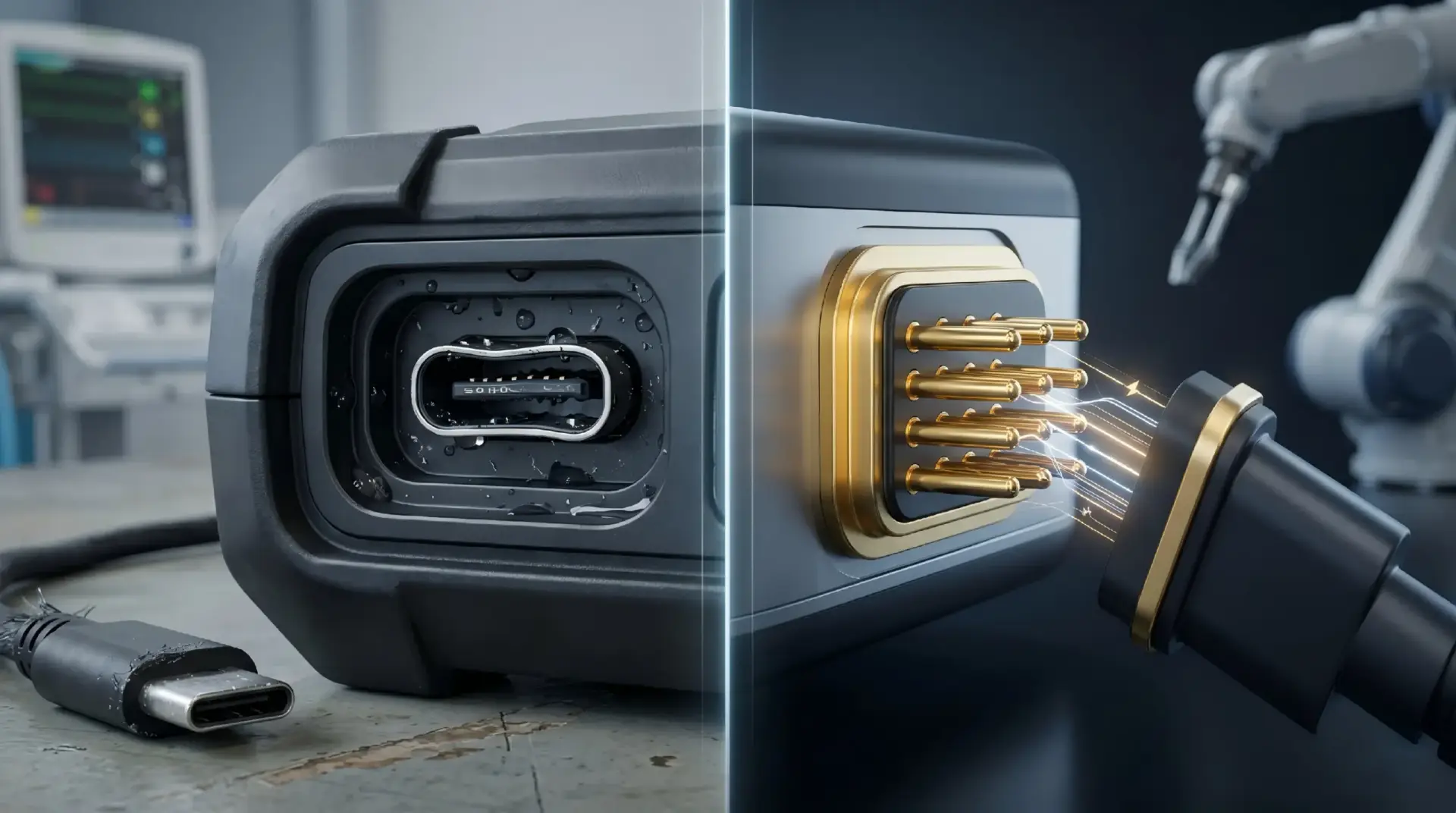 A side-by-side comparison image: the left side shows a damaged USB-C port with water inside, while the right side shows a pristine multi-pin gold-plated magnetic pogo pin connector safely breaking away, highlighting durability and IP68 waterproofing by CTP.