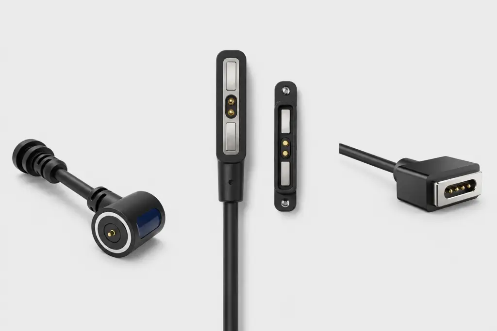 custom magnetic data cable structure types including round linear and rectangular magnetic connector designs