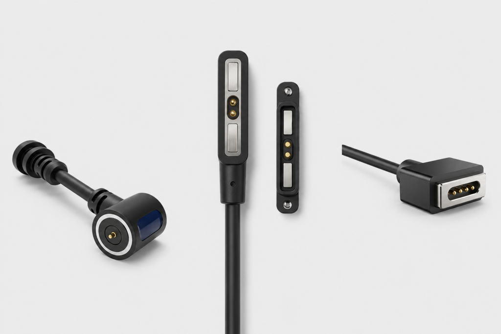 custom magnetic data cable structure types including round linear and rectangular magnetic connector designs