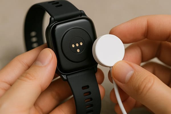 A person easily connecting a magnetic charger to a wearable device