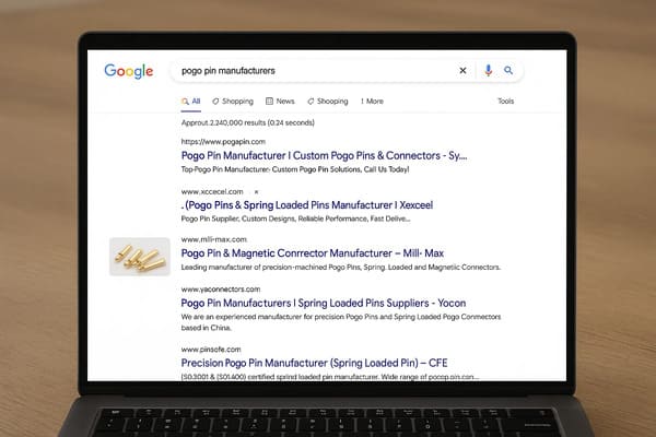Laptop screen showing a search for pogo pin manufacturers