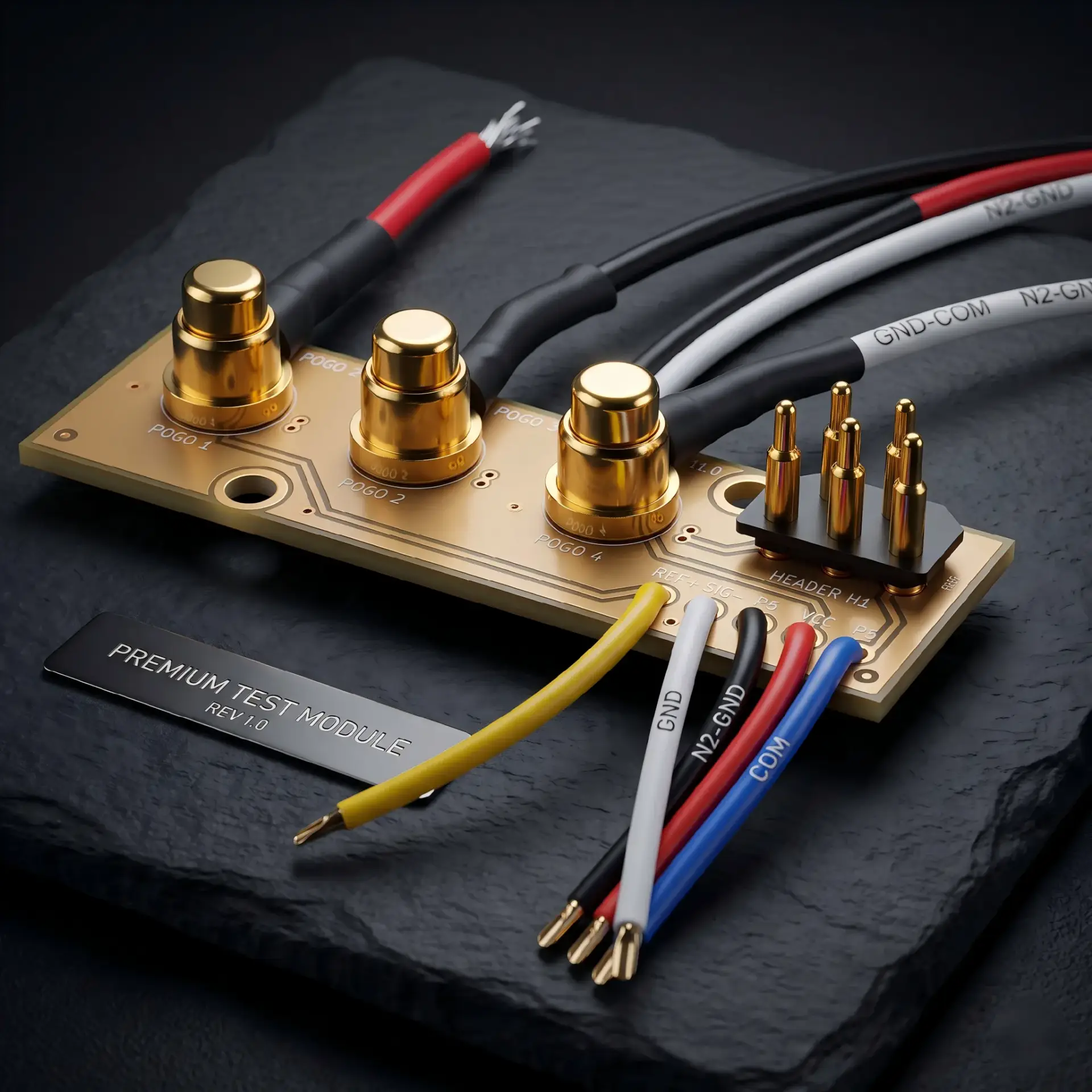 High current spring-loaded pogo pin contacts with wire solder cups for stable power transmission.