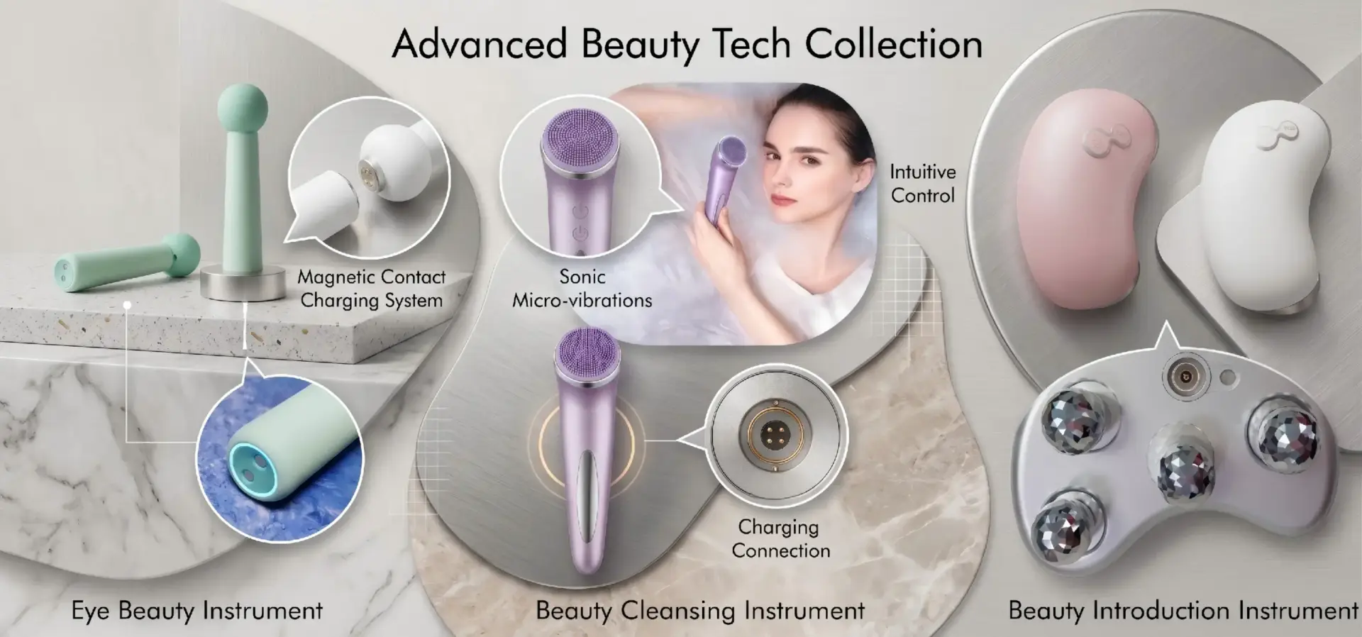 Ergonomic design of a home beauty device featuring blind-mating magnetic contacts