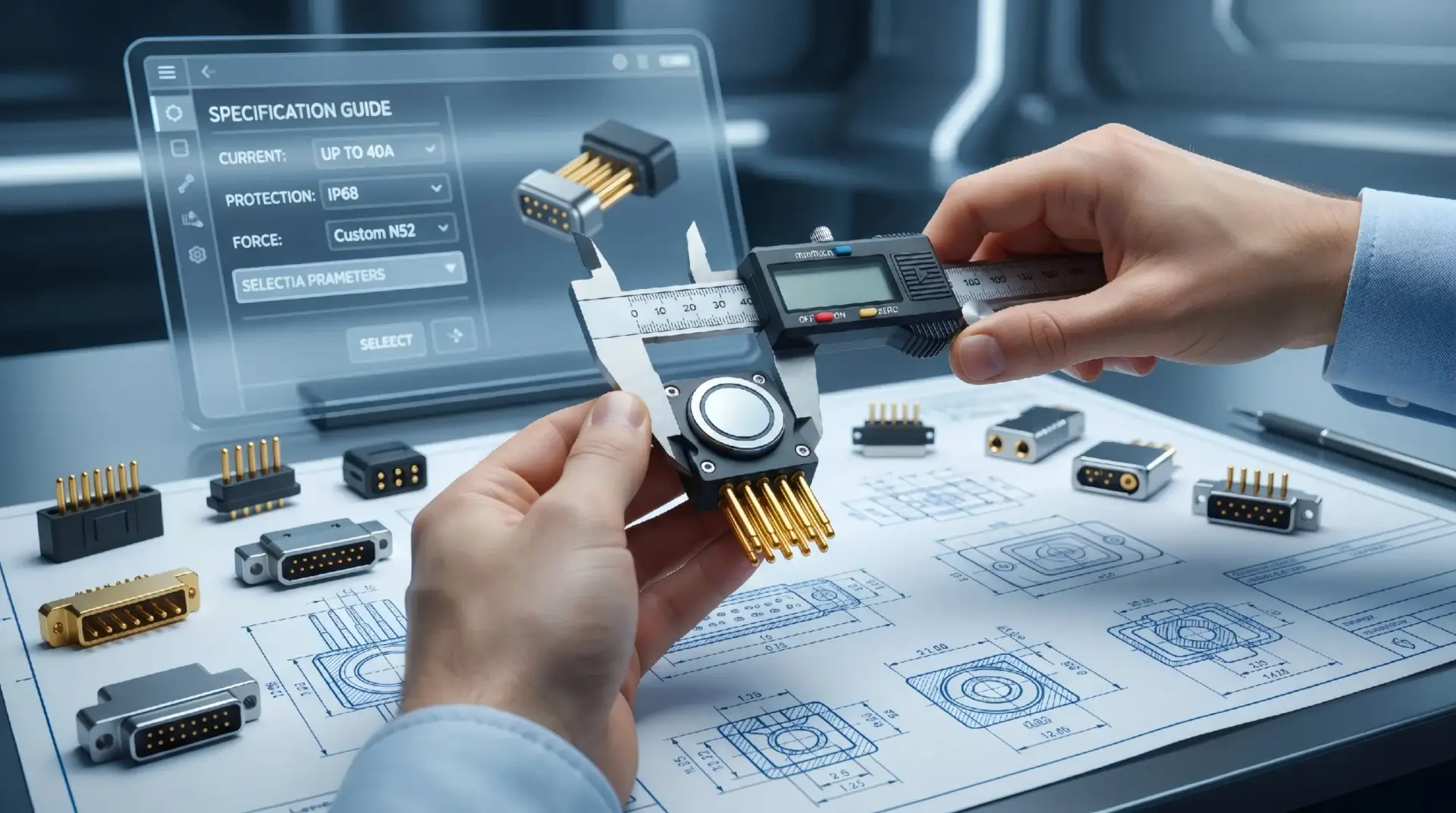An engineer measuring a custom high-current magnetic connector with a digital caliper over a blueprint, with technical parameters like 40A and IP68 visible in the background.