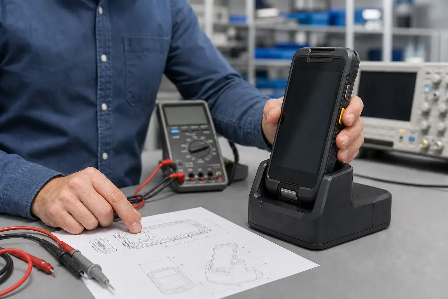 Engineer reviewing an industrial handheld terminal dock prototype and mechanical drawing
