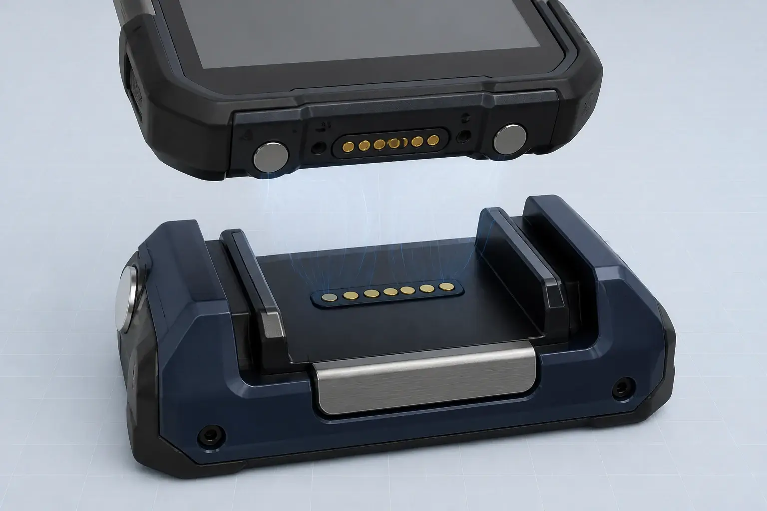 Magnetic docking interface with contact pads, locating rails and mechanical stops for a rugged handheld terminal