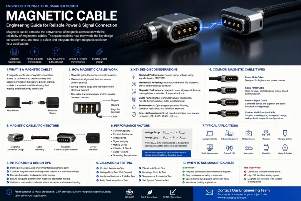 magnetic cable connector cross section showing cable exit strain relief overmold and mechanical load path