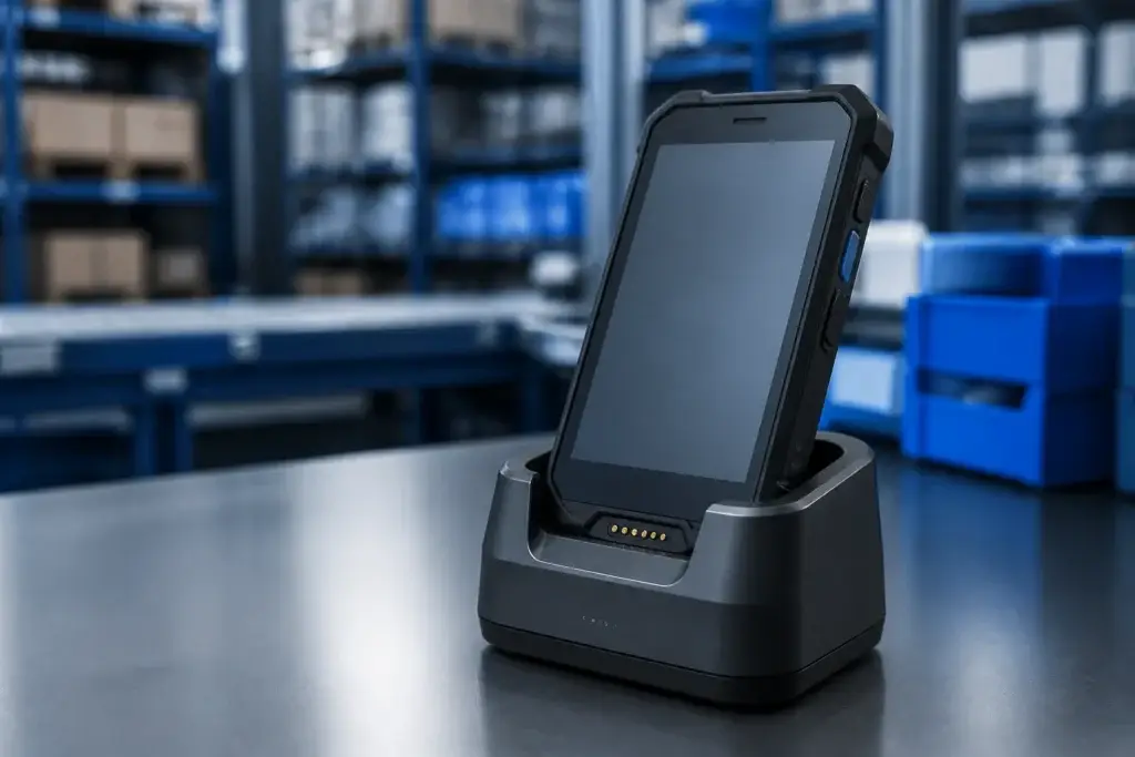 Rugged industrial handheld terminal seated in a magnetic charging and data dock