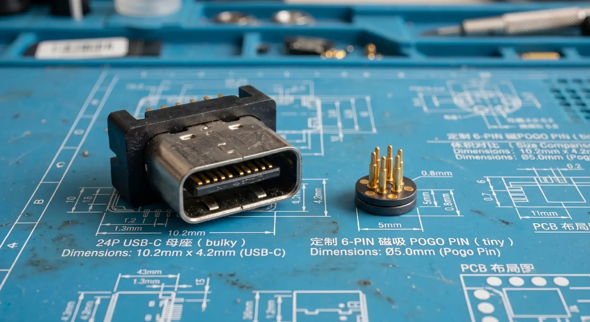 Size Comparison between USB-C and Magnetic Pogo Pin Connectors