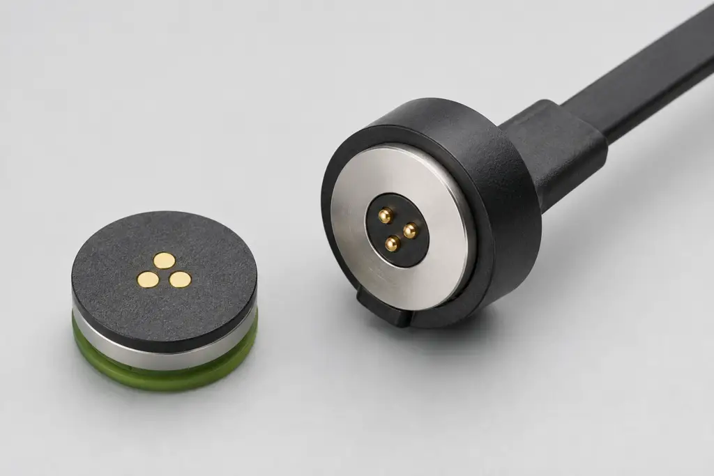 three-contact magnetic data cable prototype showing pogo pins and mating target