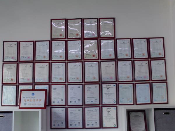 Certificate display showing ISO and other quality standards for magnetic pogo pin connector