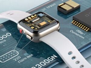 A smartwatch with exposed internal circuitry is displayed on top of a blue computer chip diagram, highlighting its advanced electronic components and the magnetic pogo pin connector for smartwatch charging.