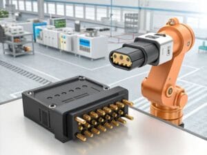 A robotic arm is positioned in a modern industrial setting, holding a large, multi-pin male electrical connector. Nearby, a female magnetic pogo pin connector rests on the table. The background showcases well-lit industrial machinery and equipment, highlighting automation advancements.