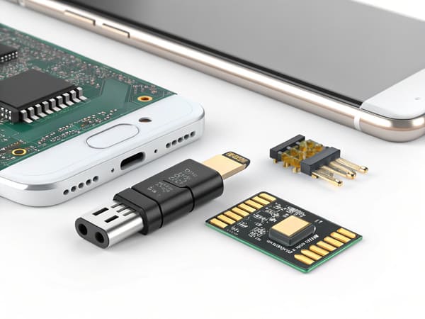 A close-up image showing a smartphone with a magnetic pogo pin connector, a circuit board, various electronic components, and a USB security key with adapters arranged neatly on a white surface.