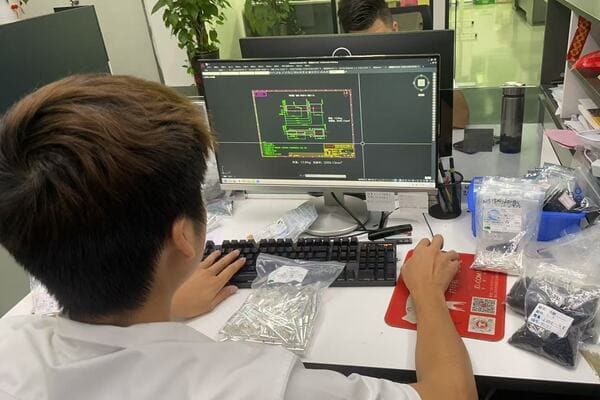 Engineers collaborating on a custom magnetic pogo pin design on a computer