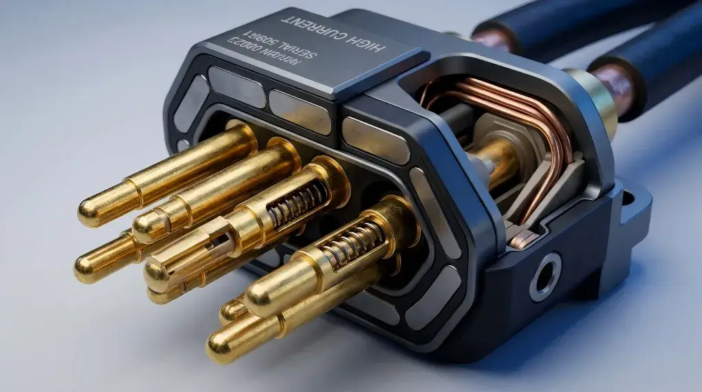 Internal structure of a high-amperage magnetic pogo pin connector showing slanted wire design for BESS