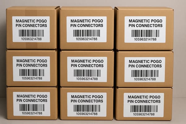 Boxes of magnetic pogo pin connectors packaged and labeled for shipment