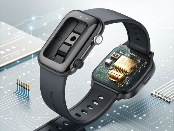 A smartwatch with its back cover removed reveals internal electronic components, including a visible circuit board, microchip, and magnetic pogo pins connector in wearable device, displayed on a digital circuit-themed background.