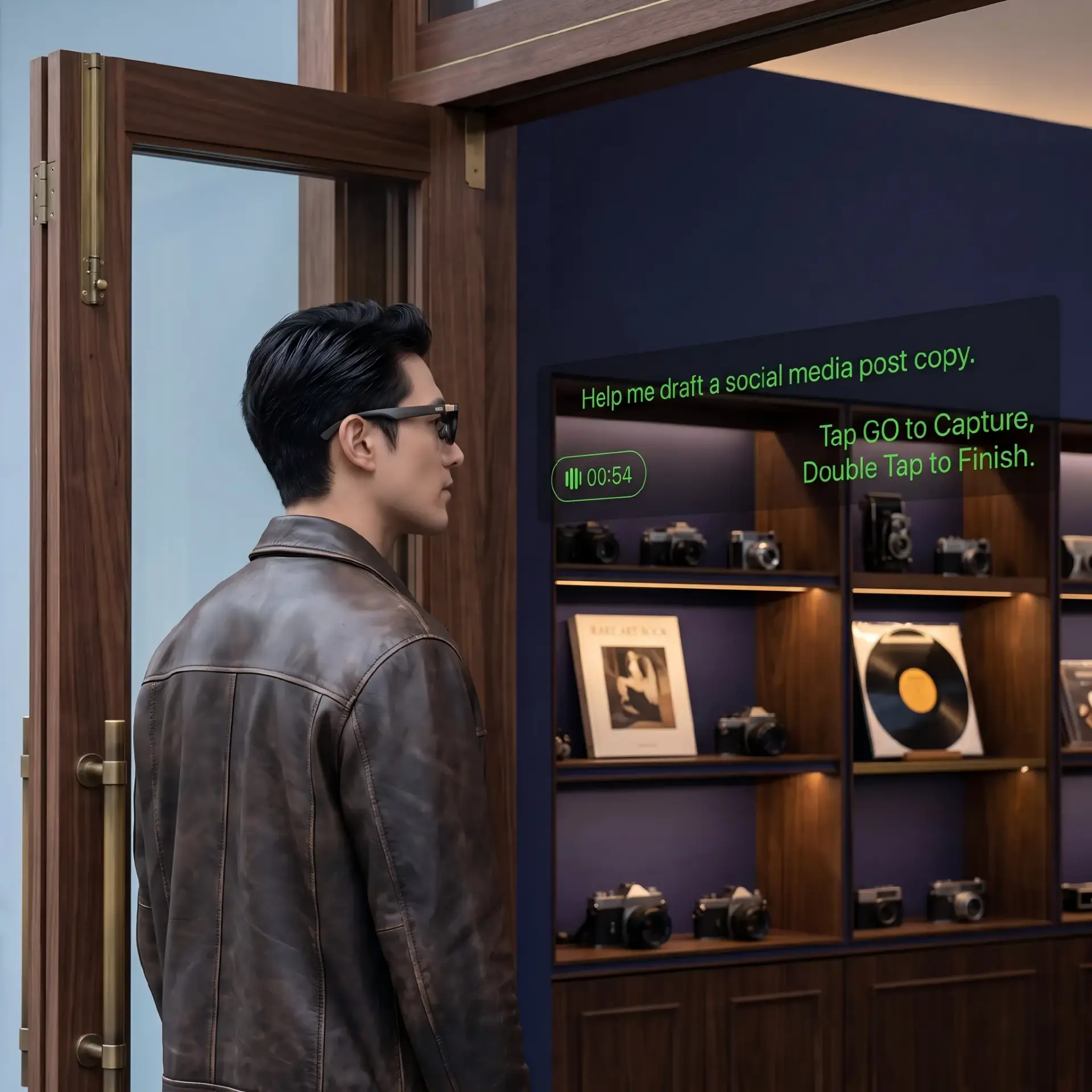 A person standing and wearing AR smart glasses equipped with CTP ultra-compact magnetic pogo pin charging solution.