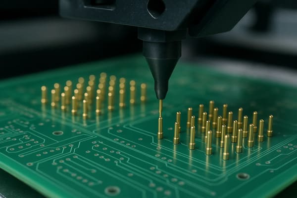Pogo pins being assembled onto a PCB using SMT process