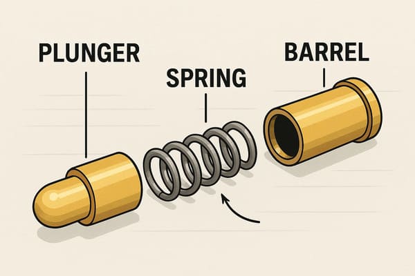 Exploded view of a pogo pin showing plunger, barrel, and spring