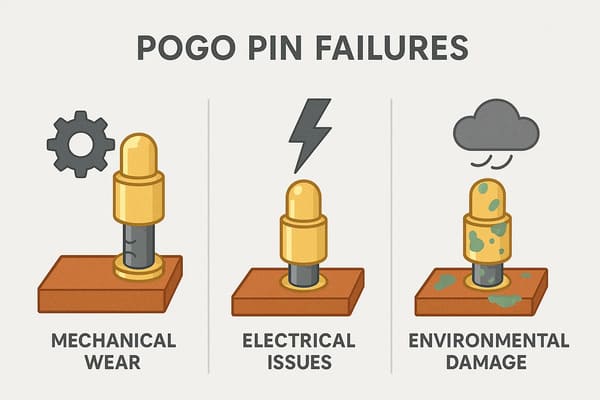 Pogo pin failures categories: mechanical wear, electrical issues, and environmental damage