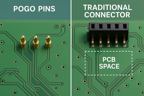 Comparison of PCB space used by pogo pins vs traditional connector