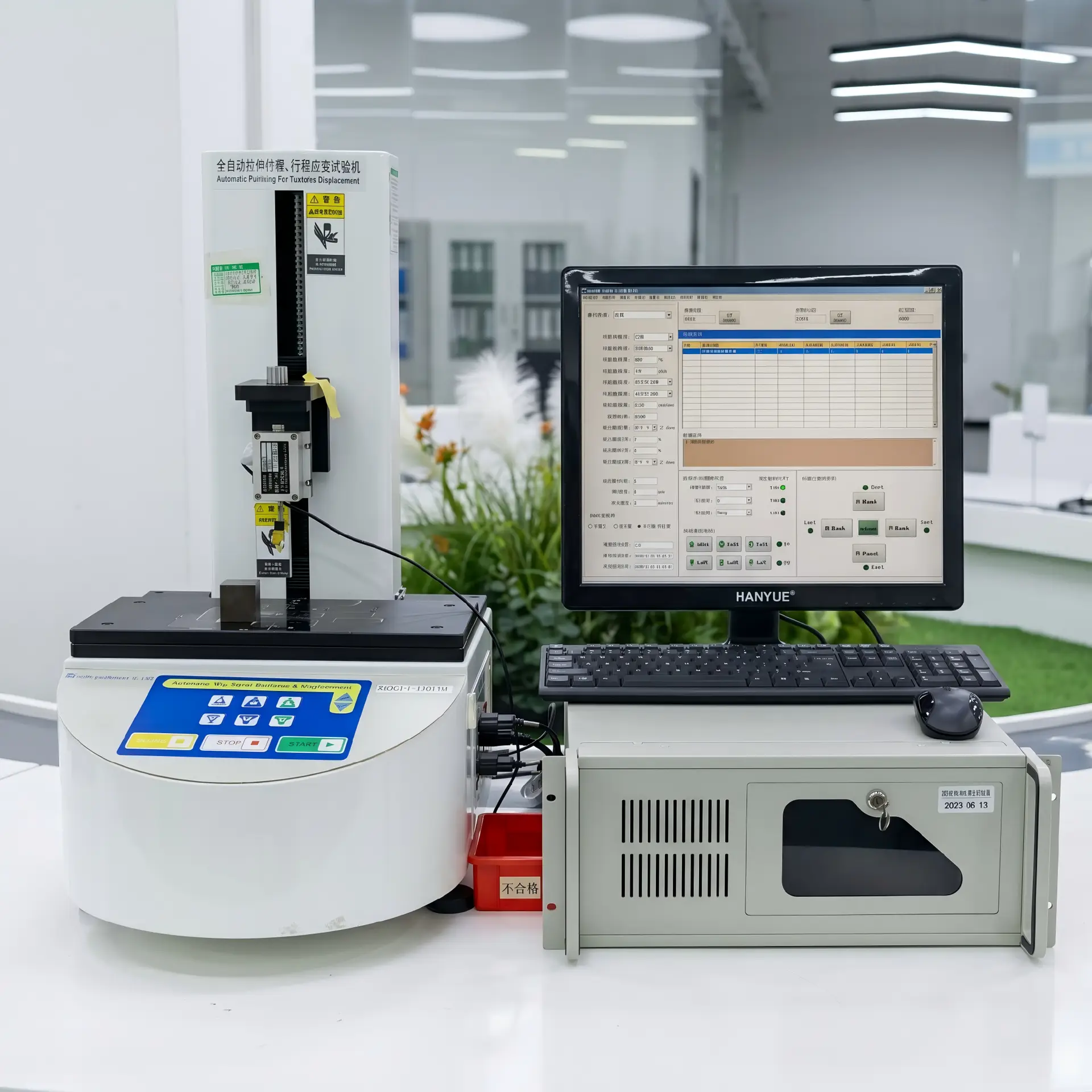A micro-probe tip pressing down on a single pogo pin to measure spring force and stroke precision during QC inspection.