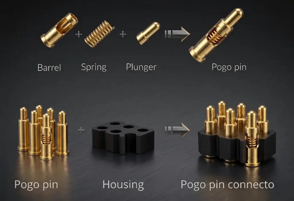 Pogo pin structure showing plunger barrel spring and connector integration