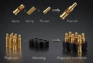 Pogo pin structure showing plunger barrel spring and connector integration