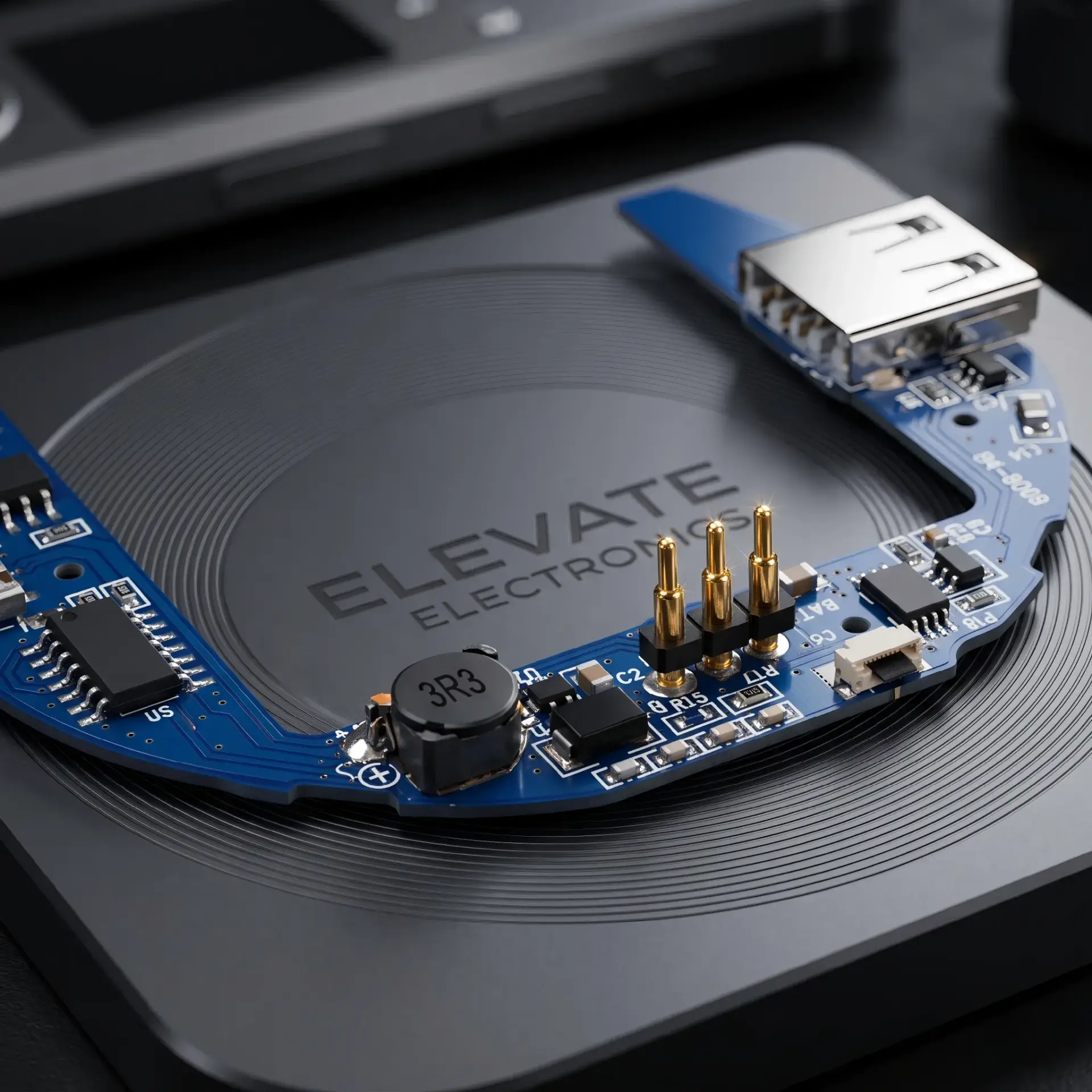 Custom precision pogo pin connectors integrated onto a PCB board for consumer electronics.