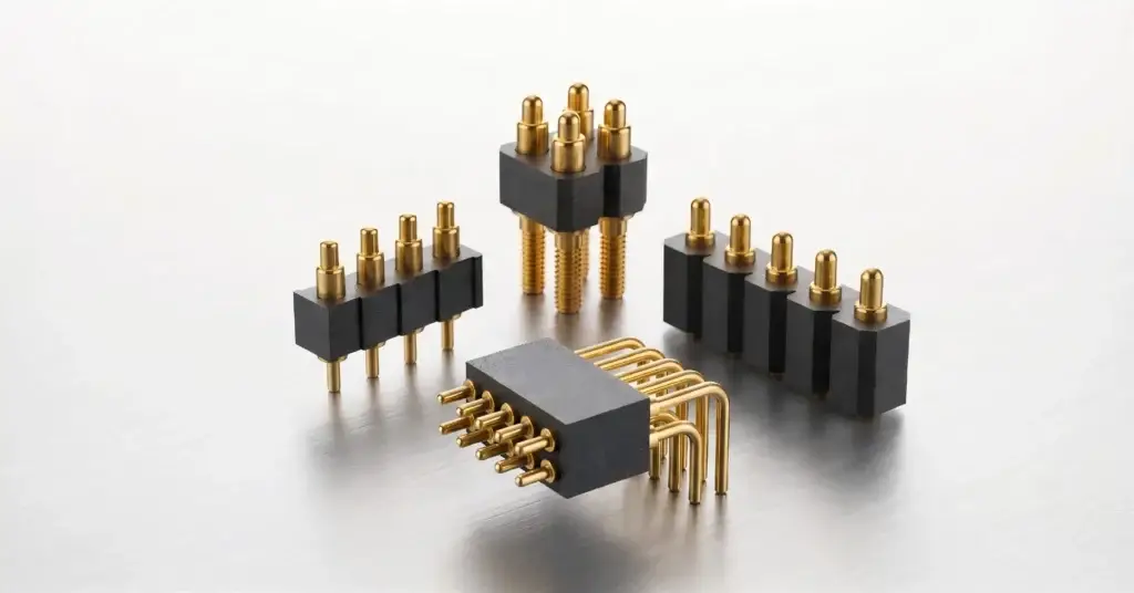 Cross-section of a precision pogo pin connector showing plunger, bias tail, BeCu spring, and brass barrel