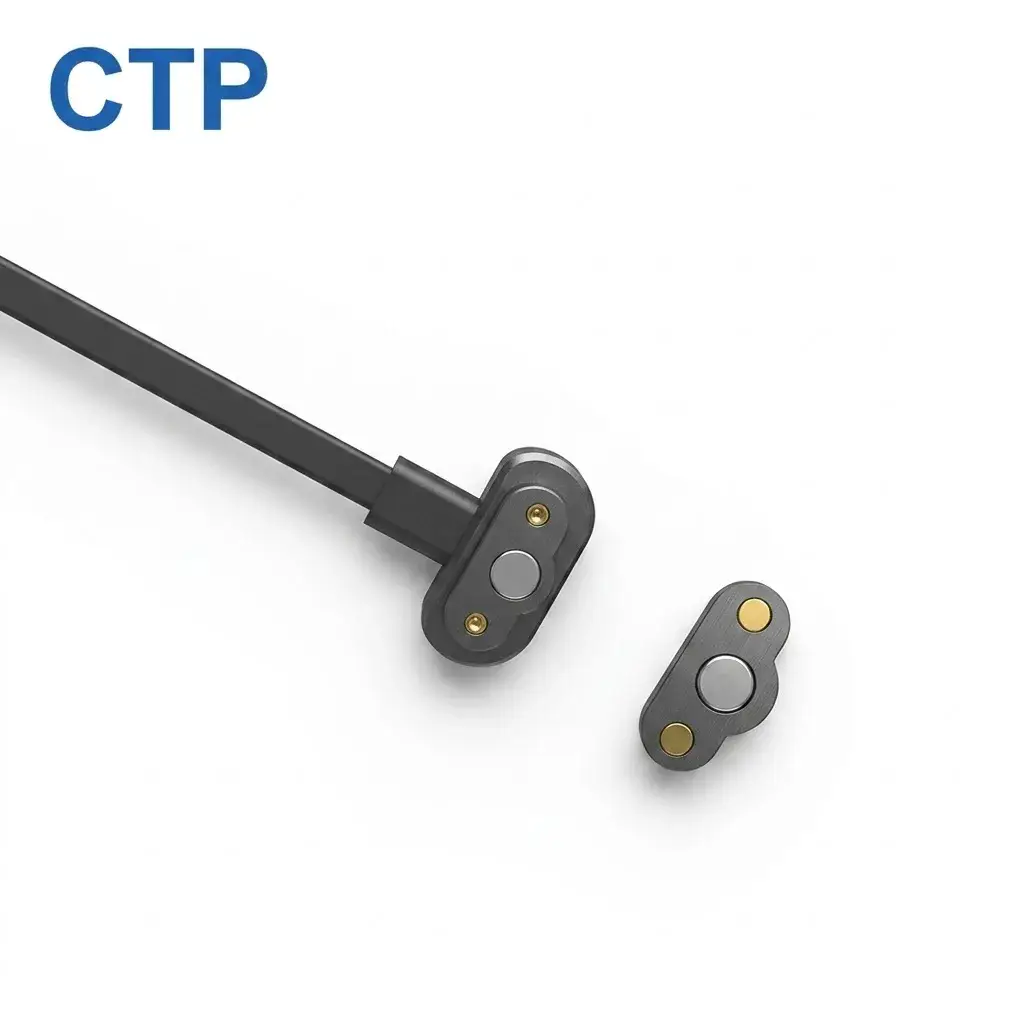 Premium 2 pin male and female magnetic connector delivering 12V 2A power with 2.2N magnetic force for smart watches, manufactured by leading factory CTP.