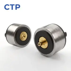 Precision round male and female magnetic power connector manufactured by CTP, 12V 2A rating with NdFeB magnets.