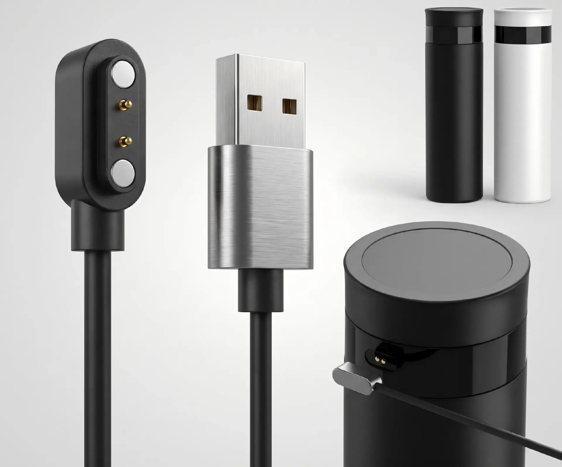 Custom waterproof 2-pin magnetic charging cable connected to a smart water bottle